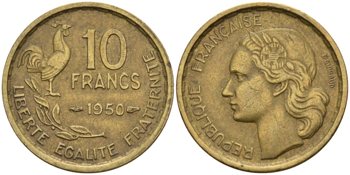 Франция 10 франков 1950 петух KM 915.1, Le Franc 363.2 алюминиевая бронза 4142-1244