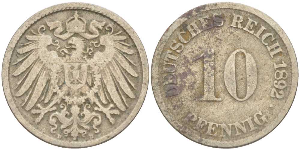ГЕРМАНИЯ 10 ПФЕННИГОВ 1892 D KM 12, J. 13 медно-никель 4401-936