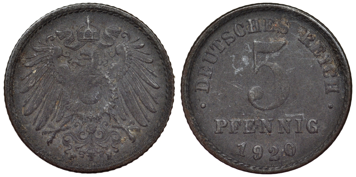 Германия 5 пфеннигов 1920 F KM 19, J. 297, Weege 5 железо 4118-1152