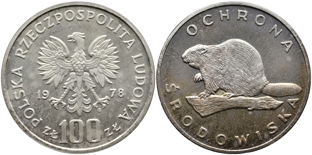 Польша 100 злотых 1978 MW, серия охрана окружающей среды, бобер KM 96, Parchimowicz 283 серебро PROOF 441-1122