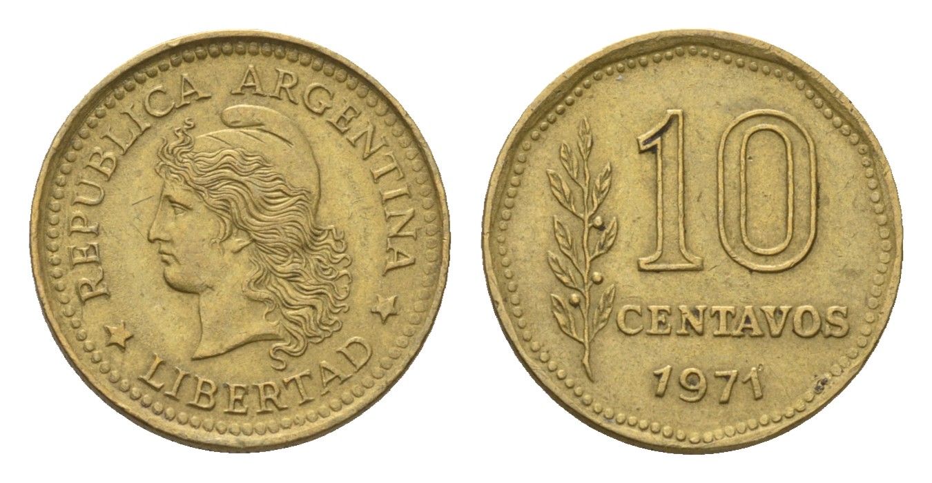 Аргентина 10 сентаво 1971 KM 66 латунь 4696-1068