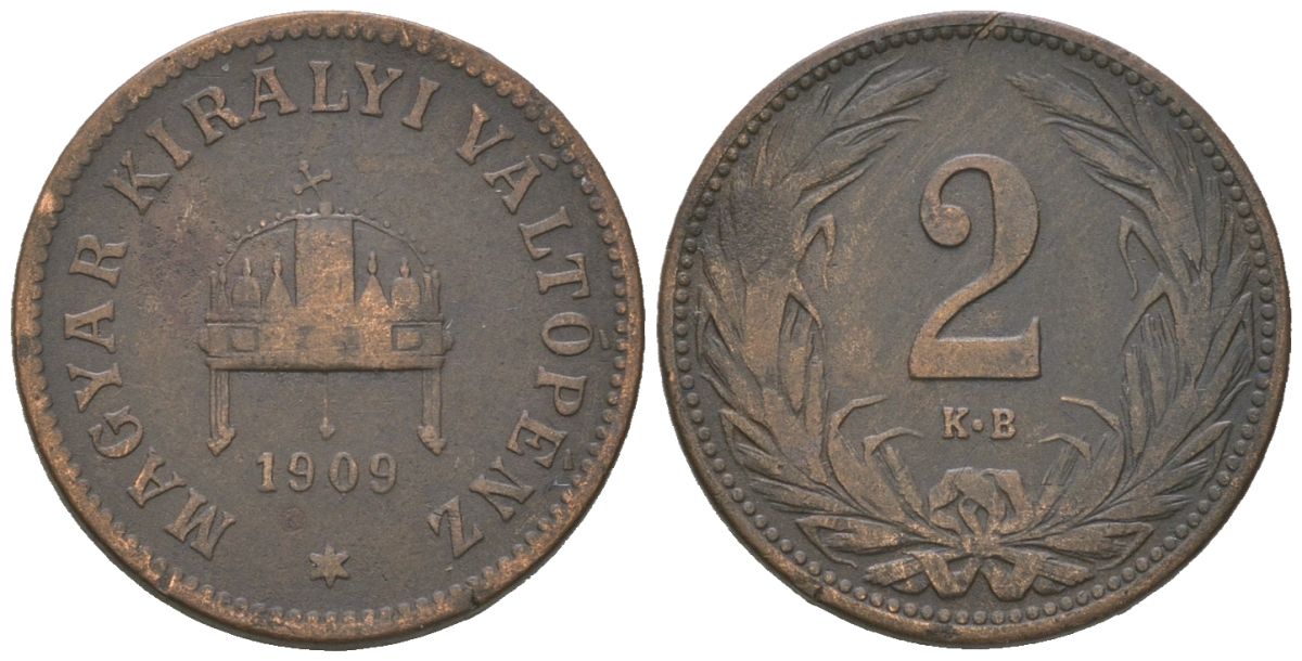 Венгрия 2 филлера 1909 KB, Франц Иосиф I (1848-1916) KM 481 бронза 4147-741
