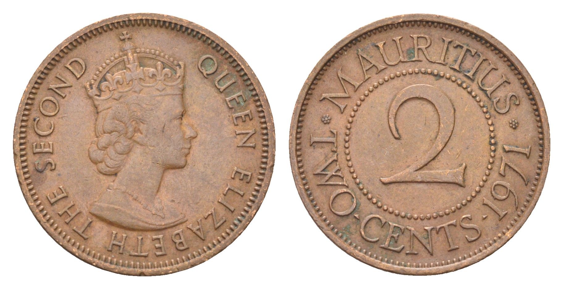 Маврикий 2 цента 1971 Елизавета II (1952-2022) KM 32 бронза 4706-724