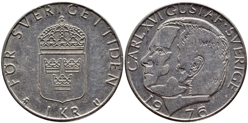 Швеция 1 крона 1976 Карл XVI Густав (1973- ) KM 852 медь плакированная медно-никелем 4397-454