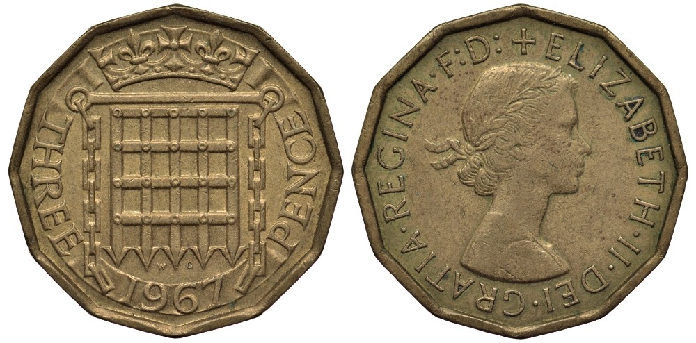 Великобритания 3 пенса 1967 Елизавета II (1952-2022) KM 900, Spink 4153 никель латунь 4538-1134