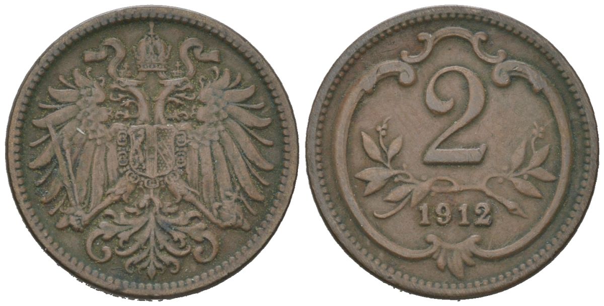 Австрия 2 геллера 1912 Франц Иосиф I (1848-1916) KM 2801 бронза 192-145