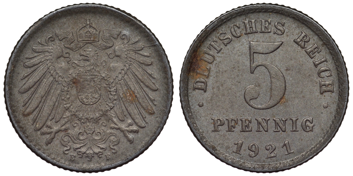 Германия 5 пфеннигов 1921 E KM 19, J. 297, Weege 5 железо 4118-1133