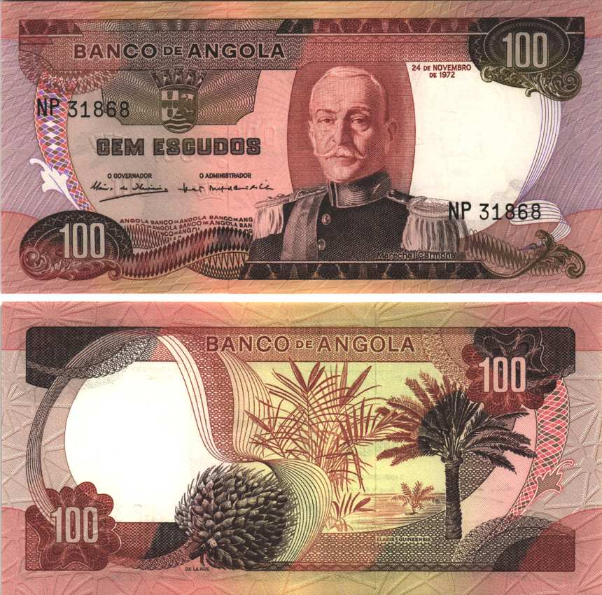 АНГОЛА 100 ЭСКУДО 1972 24 НОЯБРЯ 1972, МАРШАЛ КАРМОНА Pick 101 бумага aUNC 7116-46-3-2