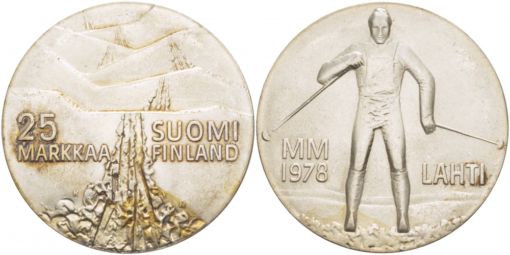 Финляндия 25 марок 1978 K-N, 21 Чемпионат мира по лыжным видам спорта 1978 в Лахти KM 56 серебро UNC 1515-1242