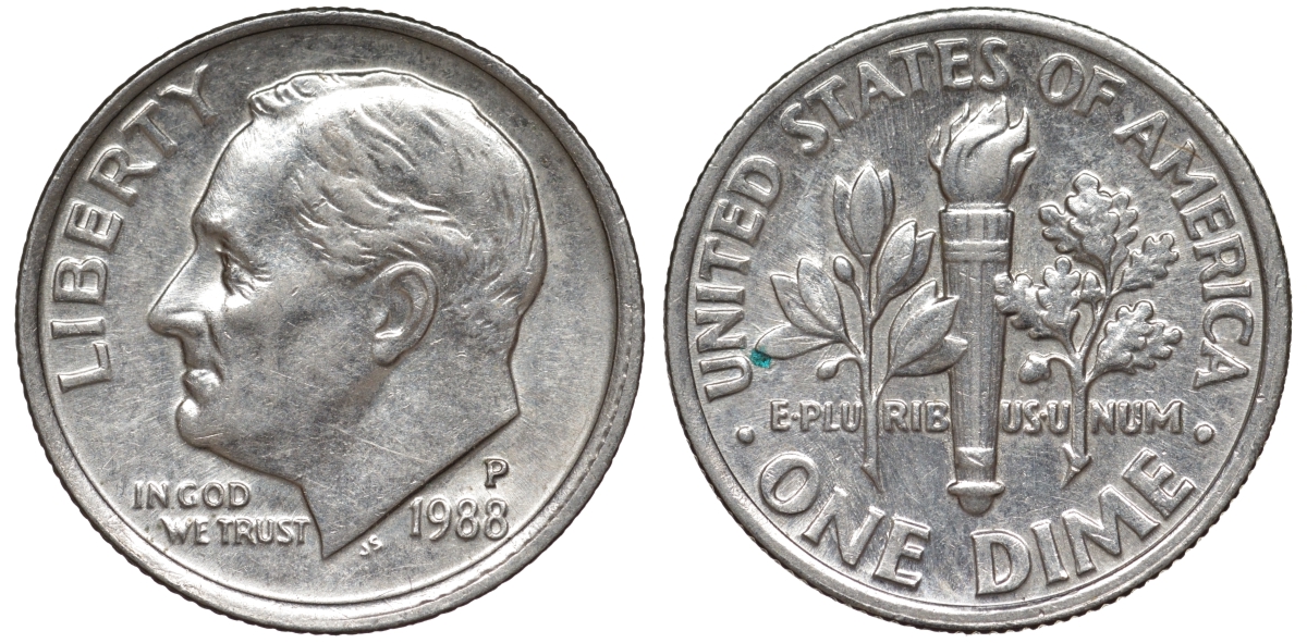 США 1 дайм - 10 центов 1988 P, Рузвельт KM 195a медь плакированная медно-никелем 4549-223