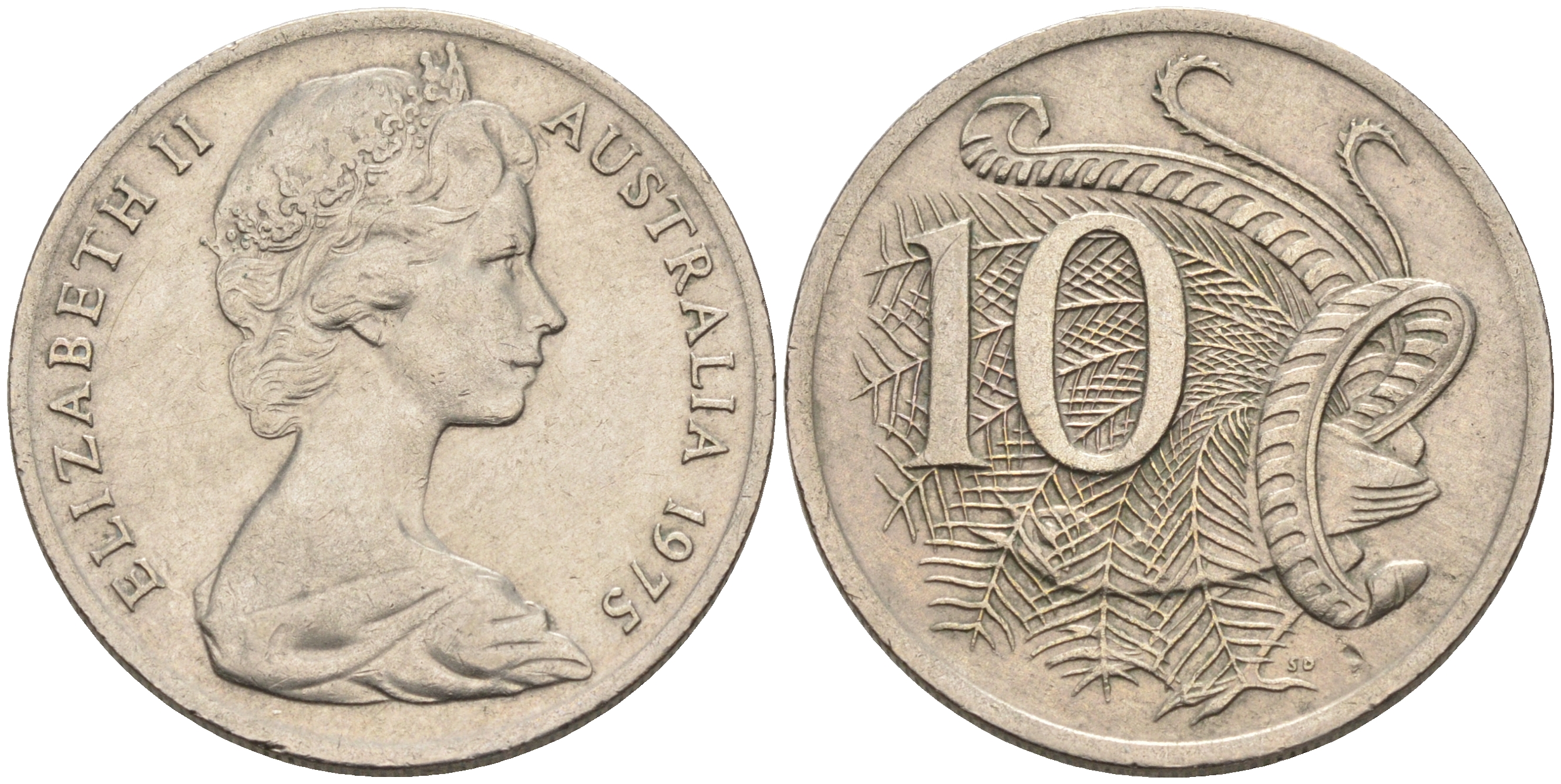 Австралия 10 центов 1975 Елизавета II (1952-), птица лирахвост KM 65 медно-никель 4566-456