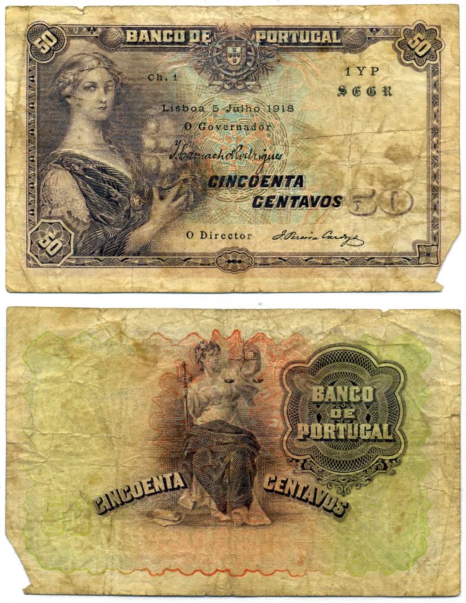 Португалия 50 сентаво 1918 5 июля 1918, подпись Jose Pereira Cardozo Pick 112b. 1918(5)  бумага  F 00-00