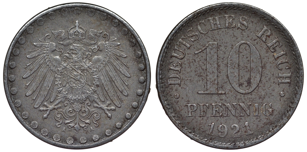 Германия 10 пфеннигов 1921 A KM 20, J. 298 железо 4119-211