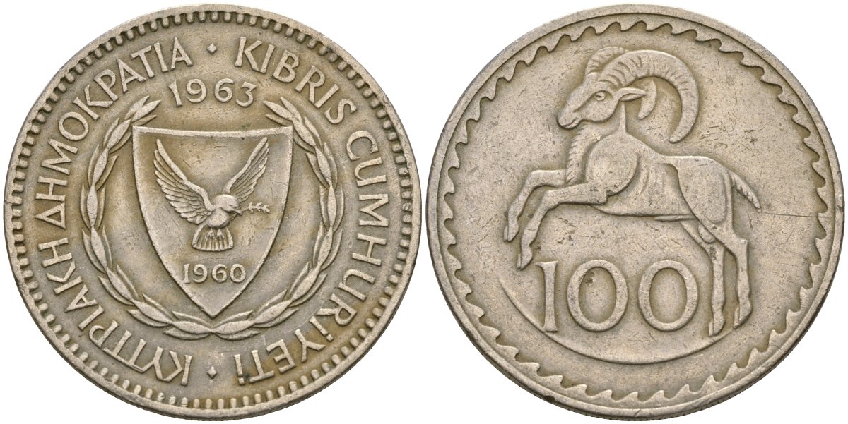 Кипр 100 милсов 1963 европейский муфлон KM 42 медно-никель 4111-421