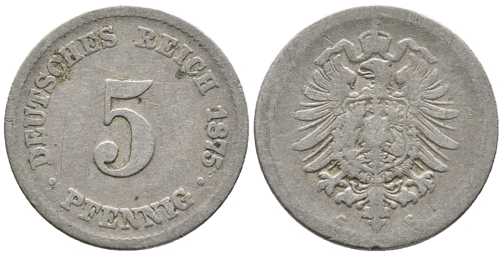 Германия 5 пфеннигов 1875 C, старогербовка KM 3, Jager 3, Weege 5 медно-никель 39-341