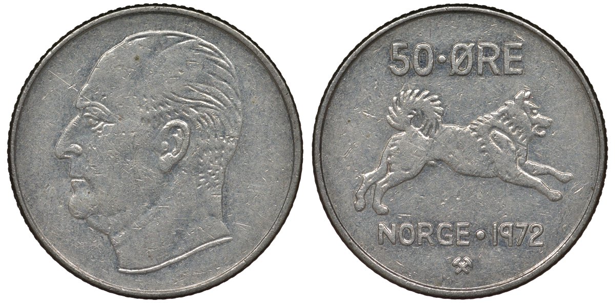 Норвегия 50 эре 1972 Улаф V (1957-1991), собака KM 408 медно-никель 4128-1137