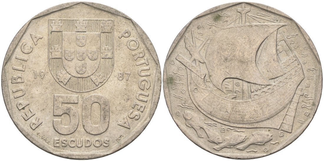 Португалия 50 эскудо 1987 парусник KM 636 медно-никель 4572-1124