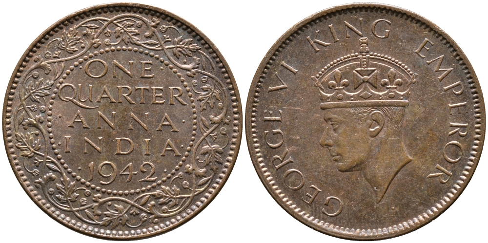 Британская Индия 1/4 анна 1942 Георг VI (1937-1952) KM 531 бронза aUNC 4364-2326