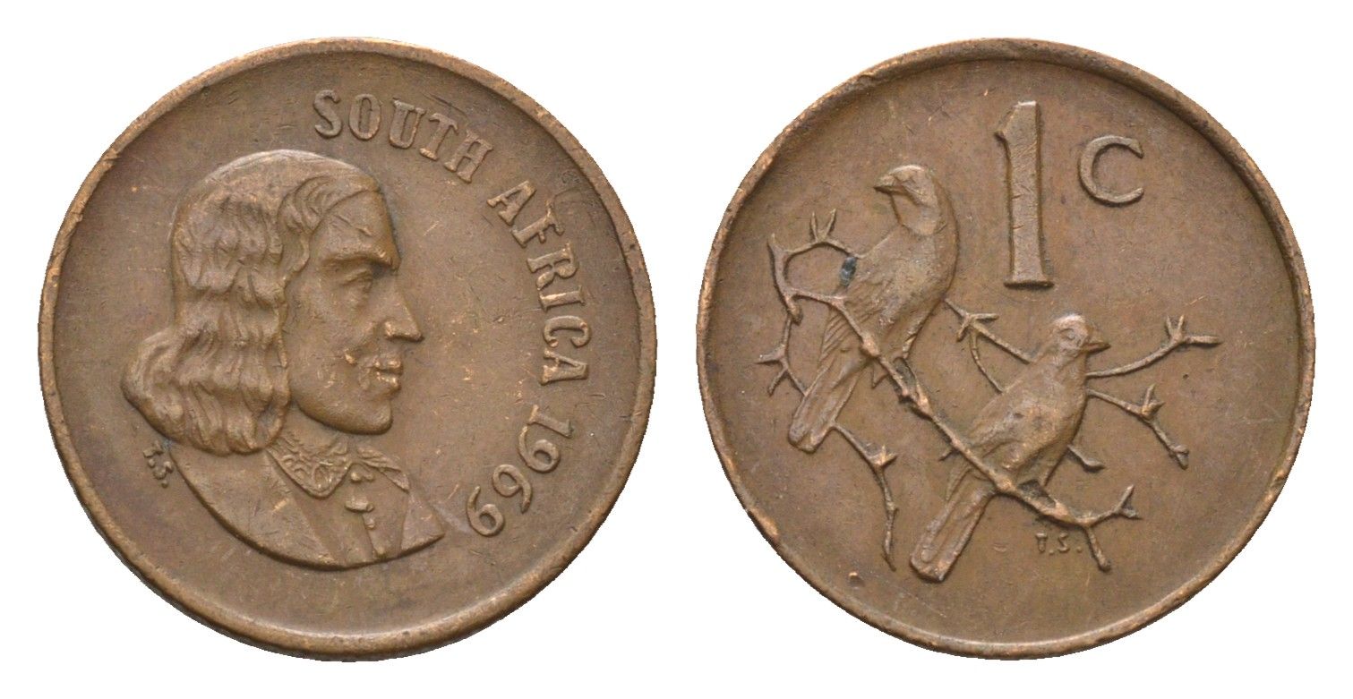ЮАР 1 цент 1969 Ян ван Рибек (1619-1677), South Africa, легенда на африкаанс, капские воробьи KM 65.1 бронза 4690-1157