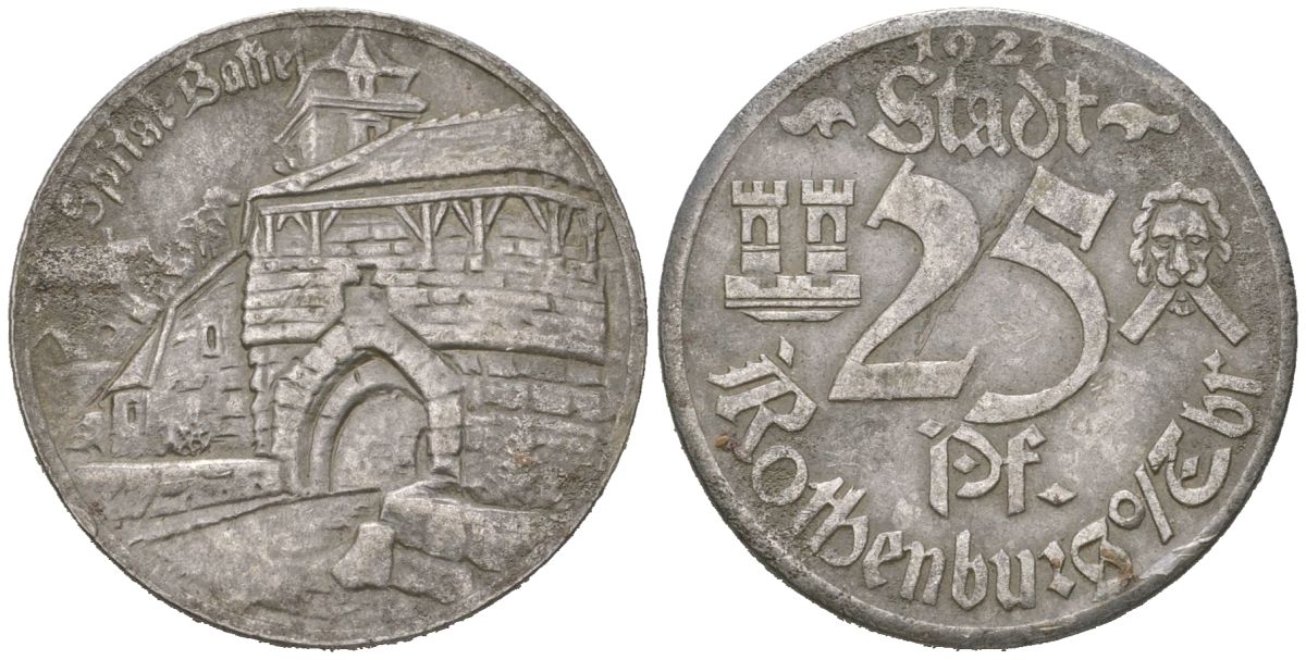 Ротенбург-об-дер-Таубер 25 пфеннигов 1921 Больница Бастай Funck 453.7i, Men18 27506.10 железо 46-2616
