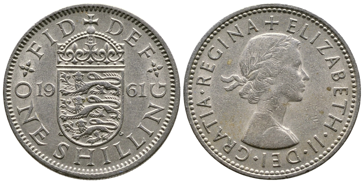 Великобритания 1 шиллинг 1961 Елизавета II (1952-2022), Английский герб KM 904, Spink 4147 медно-никель 4179-1042