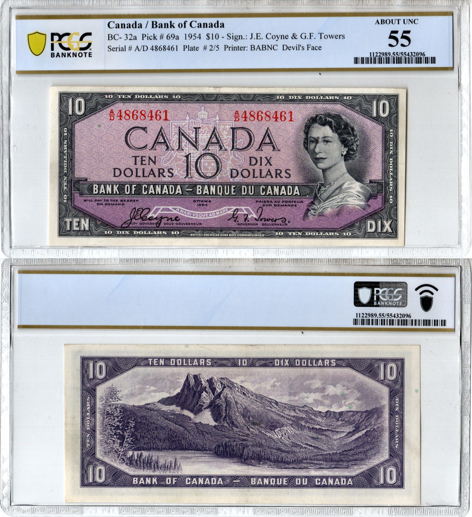 Канада 10 долларов 1954 слабе компаии - PCGS. Грейд 55 - About Uncirculated. "DEVIL FACE" Pick 69 a, BC - 32 a бумага 452-1-189