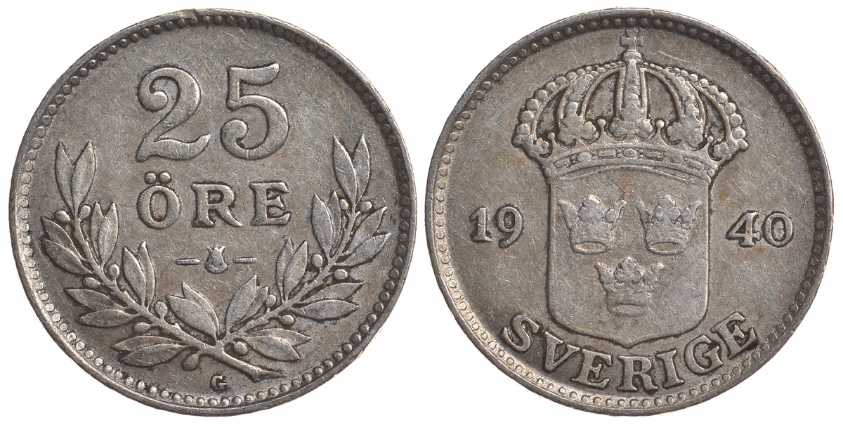 Швеция 25 эре 1940 G, Густав V (1907-1950) KM 785 серебро 4179-853