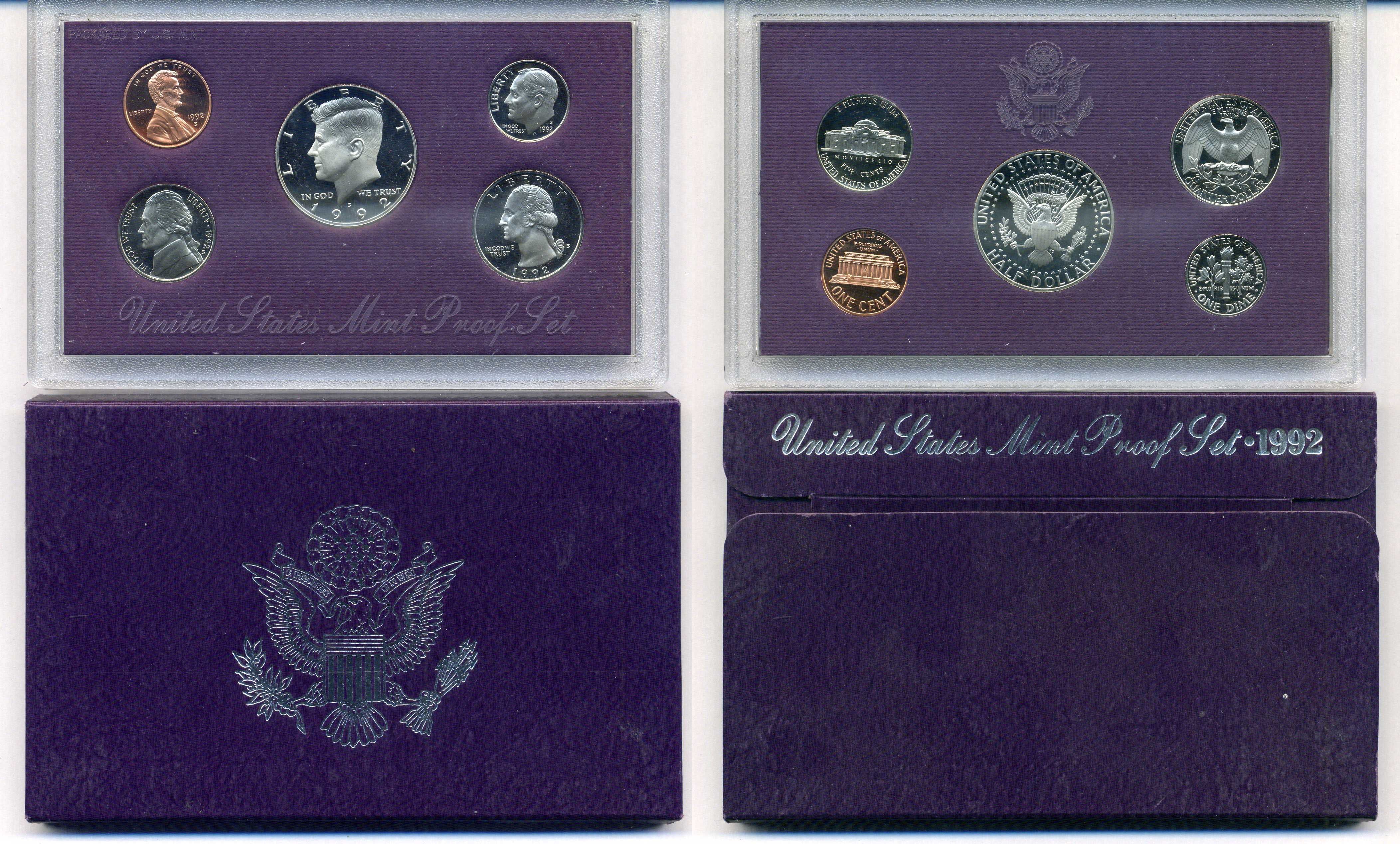 США годовой набор из 5 монет (1, 5, 10, 25 и 50 центов) 1992 в оригинальной упаковке KM PS169 (164a, A192, 195a, 201b и 202b) PROOF 8-2-02-40