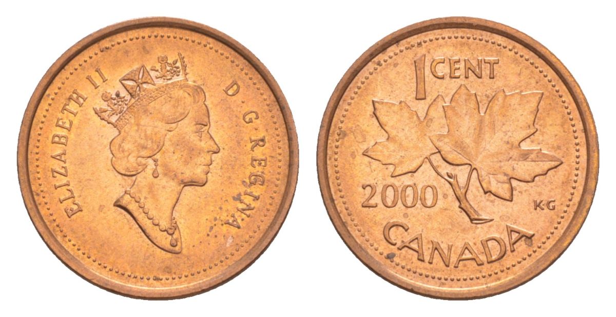 Канада 1 цент 2000 Елизавета II (1952-2022), кленовый лист KM 289 цинк плакированный медью UNC 4630-621