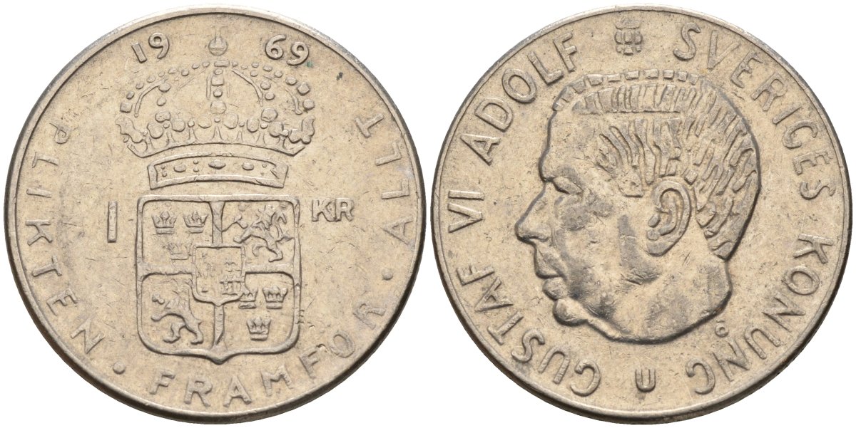Швеция 1 крона 1969 U, Густав VI Адольф (1950-1973) KM 826a медь плакированный медно-никелем 4150-253