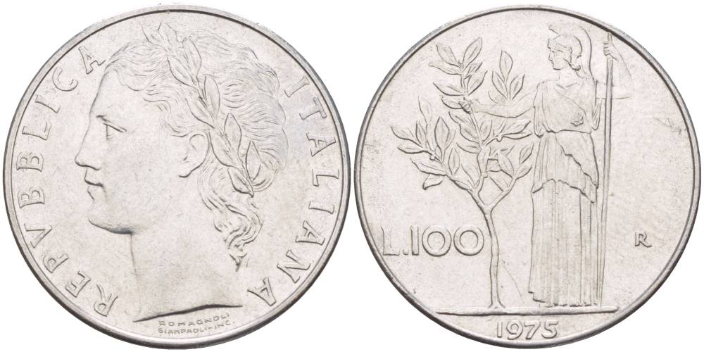 ИТАЛИЯ 100 ЛИР 1975 R, АФИНА У ОЛИВКОВОГО ДЕРЕВА KM 96.1 нержавеющая сталь 4545-712
