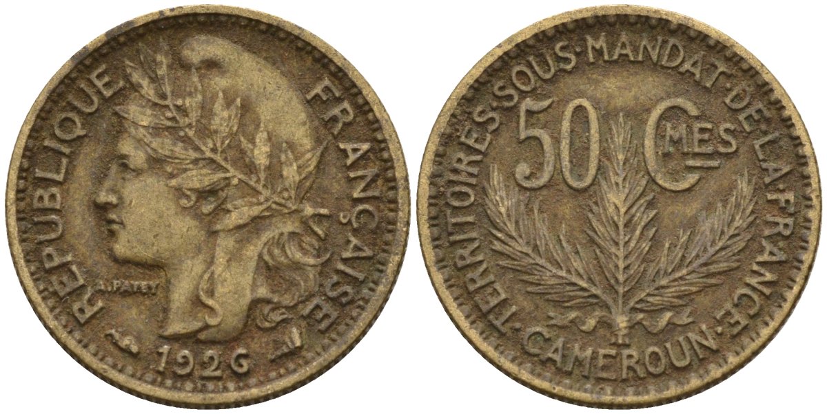 Камерун 50 сантимов 1926 (a), мондвор Париж KM 1 алюминиевая бронза 4169-1127