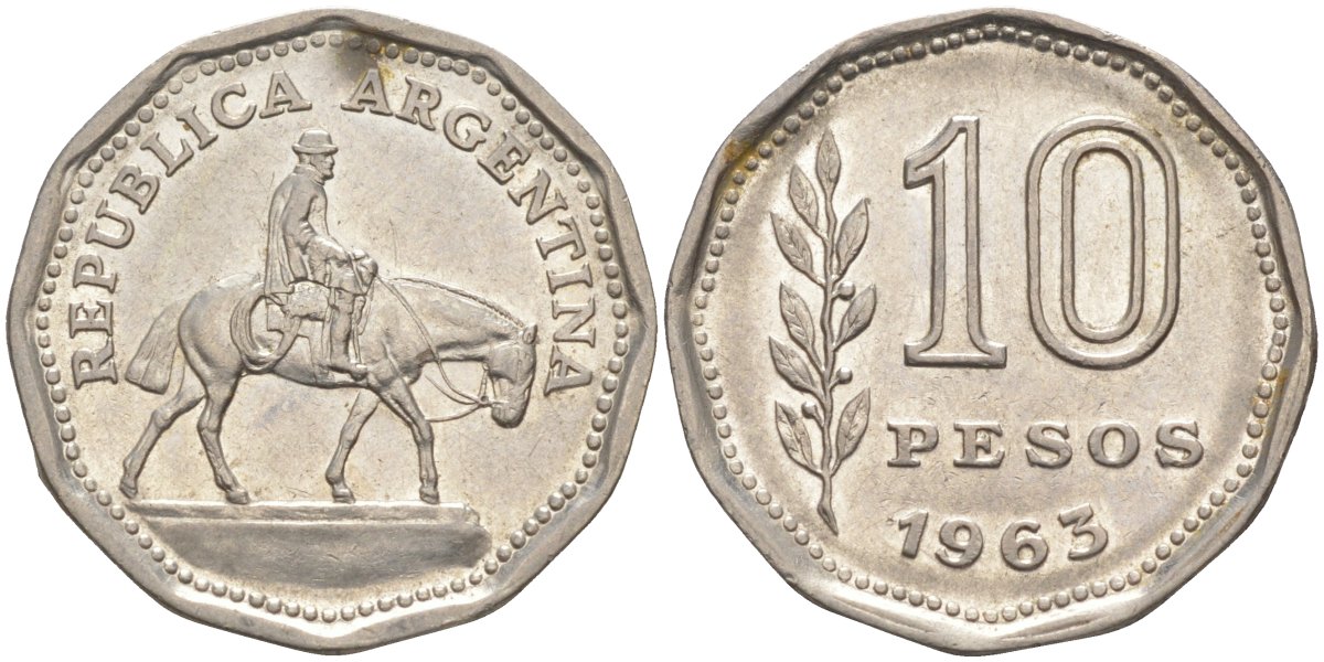 Аргентина 10 песо 1963 Гаучо KM 60 никелированная сталь 219-1241