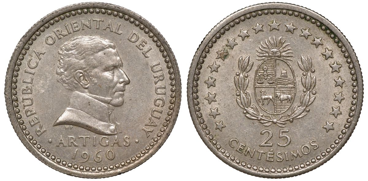Уругвай 25 сентесимо 1960 KM 40 медно-никель 4169-1011