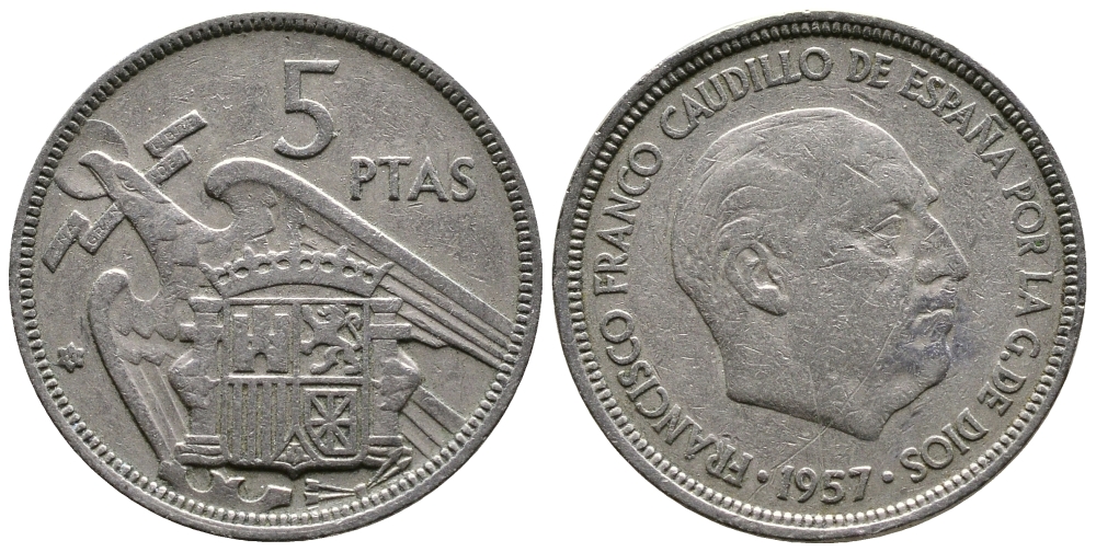 ИСПАНИЯ 5 ПЕСЕТ 1957 (60) ФРАНСИСКО ФРАНКО ДИКТАТОР ИСПАНИИ (1939-1975) KM 786 медно-никель 4110-1512