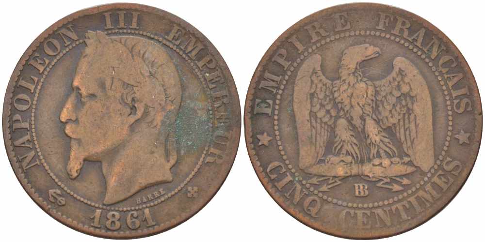 ФРАНЦИЯ 5 САНТИМОВ 1861 BB, НАПОЛЕОН III (1852-1870) KM 797.2, LE FRANC 117.3 бронза 108-515