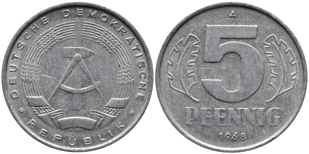 ГДР 5 ПФЕННИГОВ 1968 А KM 9.1 алюминий 33-317