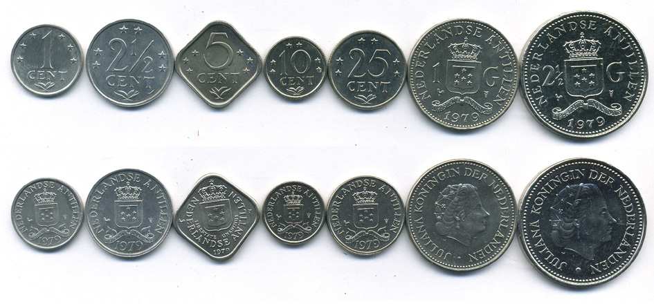 НИДЕРЛАНДСКИЕ АНТИЛЫ НАБОР ИЗ 7 МОНЕТ 1979 1, 2 1/2 , 5, 10, 25 ЦЕНТОВ, 1, 2 1/2 ГУЛЬДЕНА БЕАТРИКС KM 8a, 9a, 13, 10, 11, 24, 19 UNC 2-6-3-04