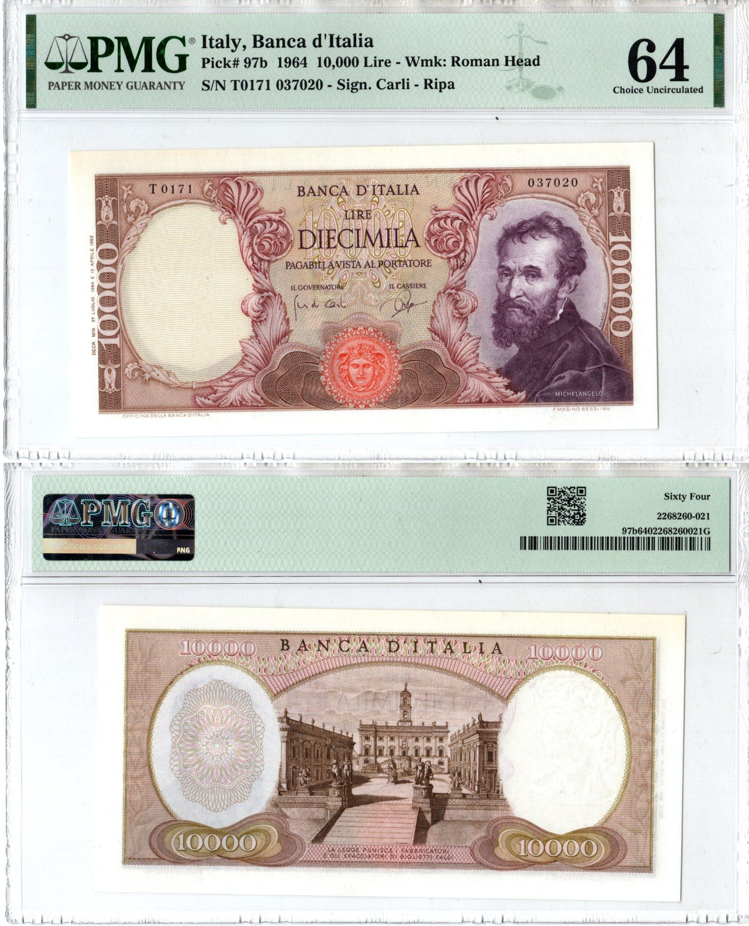 Италия 10000 лир 1964 в слабе компании PMG - 64 Pick 97 b бумага 452-1-173