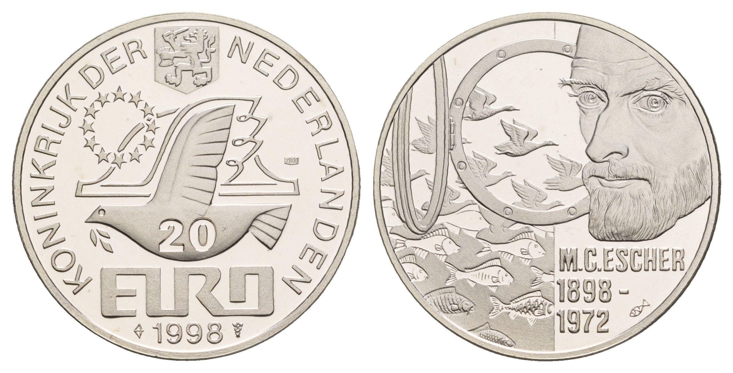 Нидерланды 20 евро 1998 100 лет со дня рождения Маурица Корнелиса Эшера X 152 серебро PROOF 443-1414