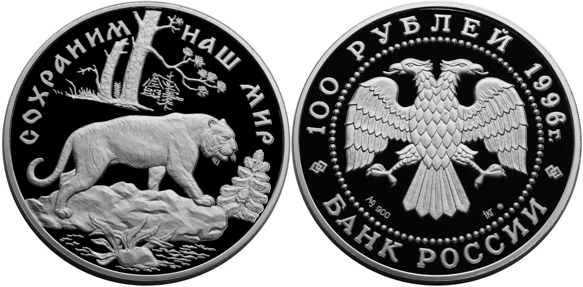 Россия 100 рублей 1996 серия сохраним наш мир, амурский тигр серебро PROOF 21-1-04