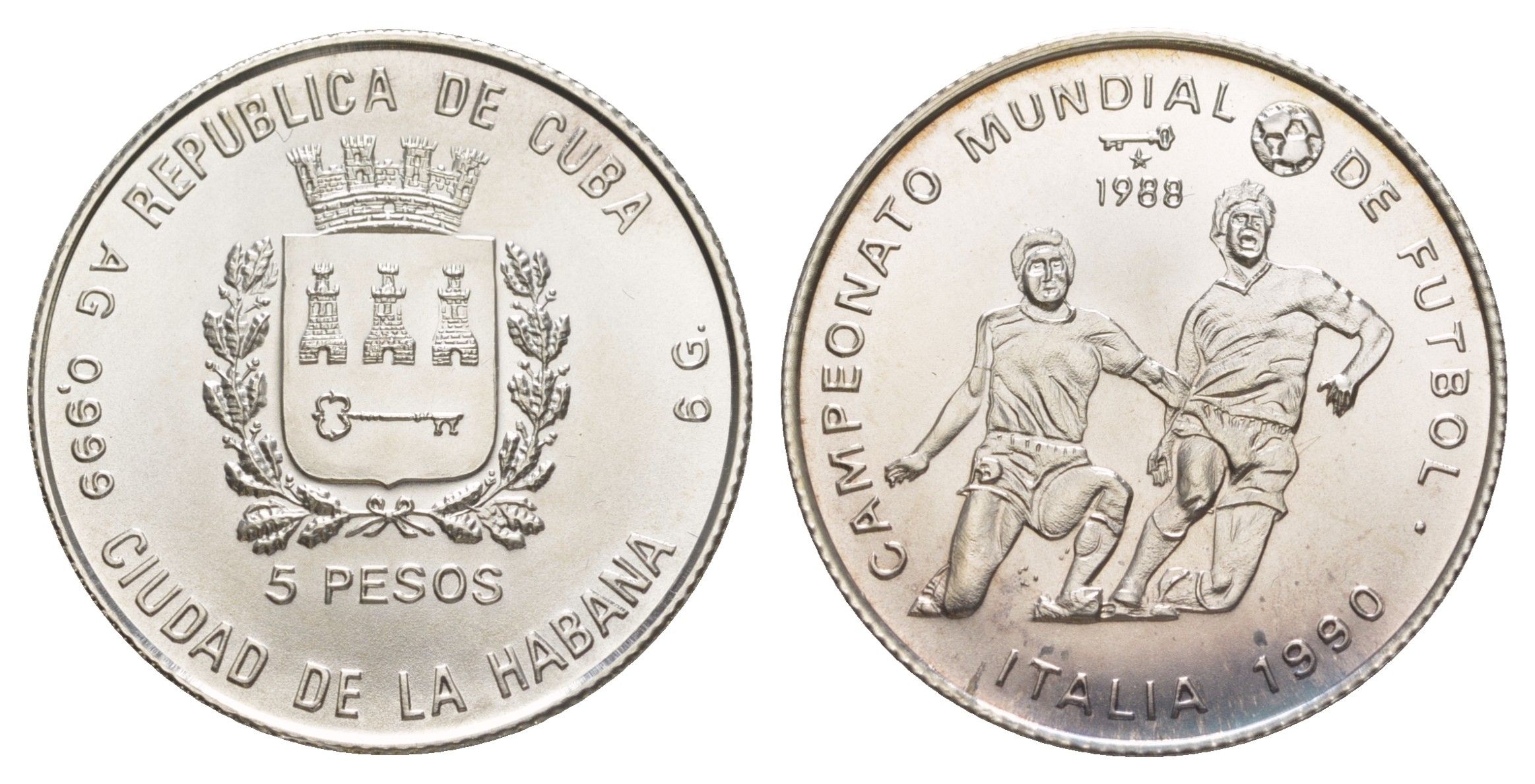 Куба 5 песо 1988 Чемпионат мира по футболу 1990, Италия KM 216 серебро BU 603-632