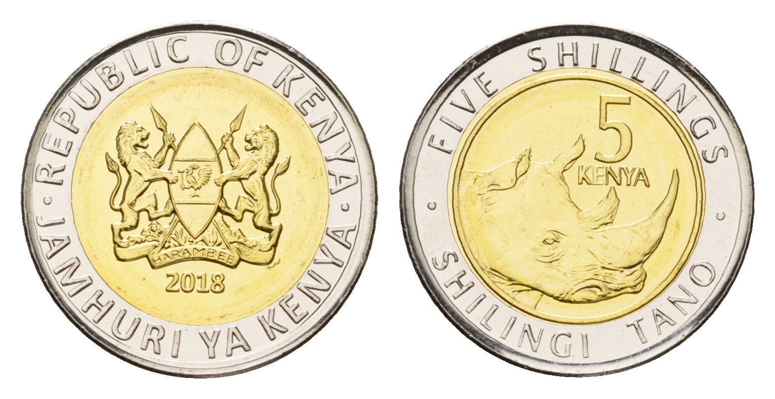 Кения 5 шиллингов 2018 носорог KM 46 биметалл  UNC  M23-18