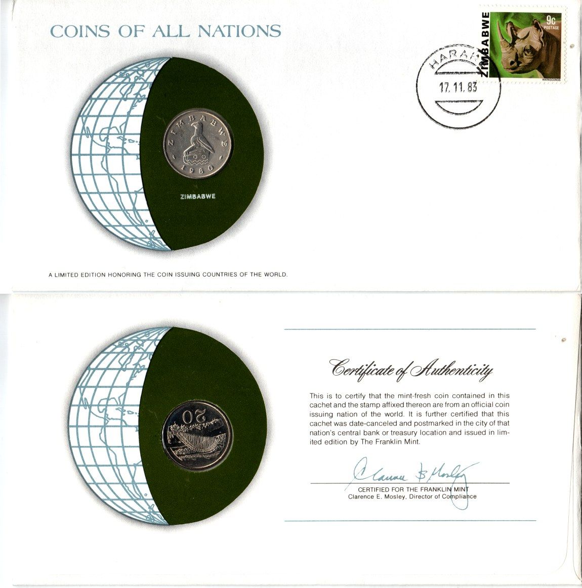 Зимбабве 20 центов 1980 конверт с маркой первого дня гашения, Coins of Nations KM 4 медно-никель UNC 9-1-01-87