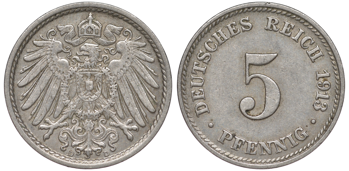 ГЕРМАНИЯ 5 ПФЕННИГОВ 1913 D, KM 11, J. 12 медно-никель 45-1135