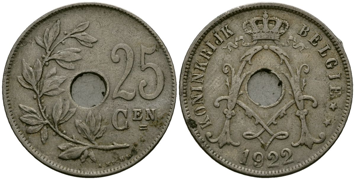 Бельгия 25 сантимов 1922 Belgie KM 69 медно-никель 4165-833