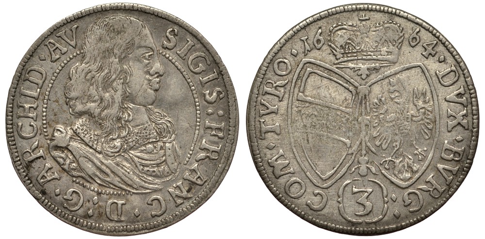 АВСТРИЯ 3 КРЕЙЦЕРА 1664 СВЯЩЕННАЯ РИМСКАЯ ИМПЕРИЯ, ВЕЛИКИЙ ГЕРЦОГ СИГИЗМУНД ФРАНЦ (1662-1665), МОНДВОР ХАЛЛ Tursky 535., КМ 851 серебро 413-5034