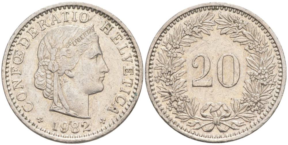 Швейцария 20 раппенов 1982 KM 29a медно-никель 55-1012