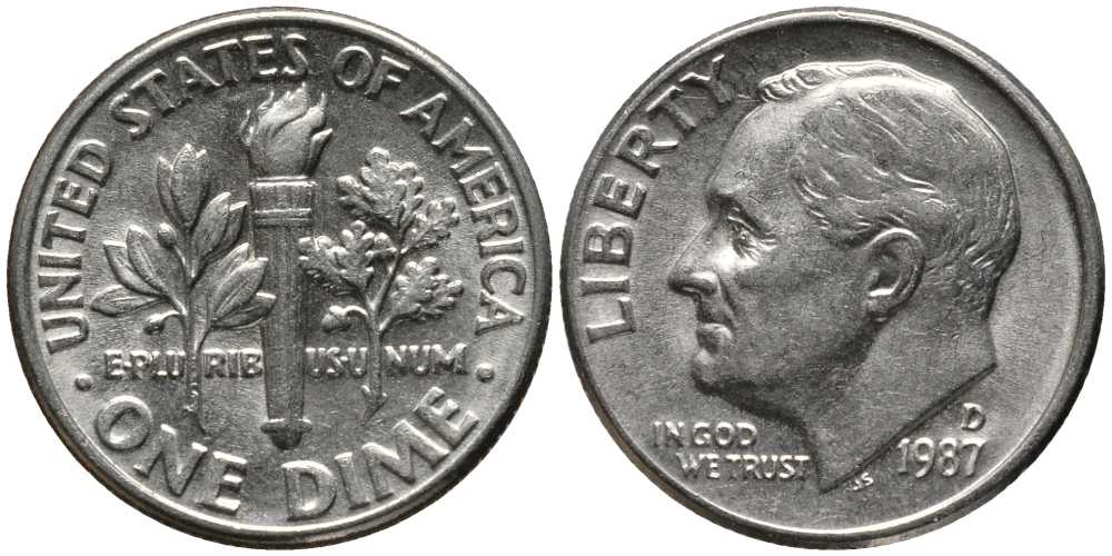 США 10 ЦЕНТОВ = 1 ДАЙМ 1987 D, РУЗВЕЛЬТ KM 195а медь плакированная медно-никелем 112-645