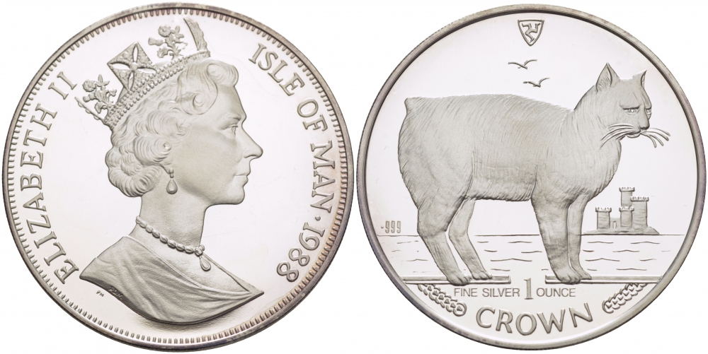 Остров Мэн 1 крона 1988 мэнский кот КМ 234 серебро PROOF 1081-6-21